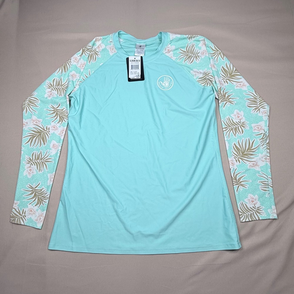 Body Glove Womens XL Rash Guard Aqua Blue Floral Long Sleeve 50 UPF Swim Top